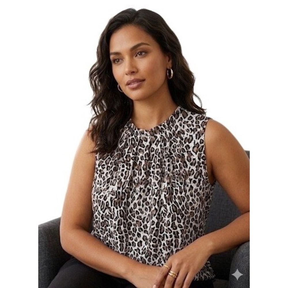 Adrianna Papell Leopard‎ Print Pleated Neck Sleeveless Blouse XL Brown Tan